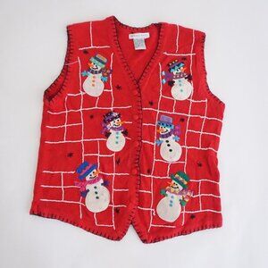 Vintage Victoria Jones Red Cotton Vest Snowmen Holiday Festive Cabincore XL